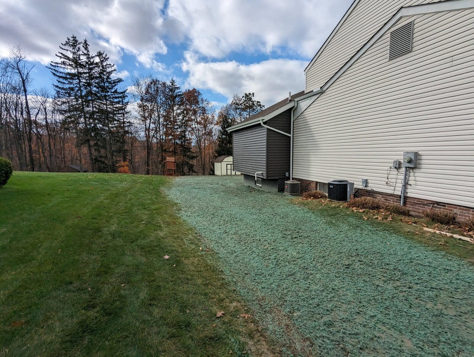 Hydroseeded lawn area along the side of a suburban house with HVAC units and forest in the background.
